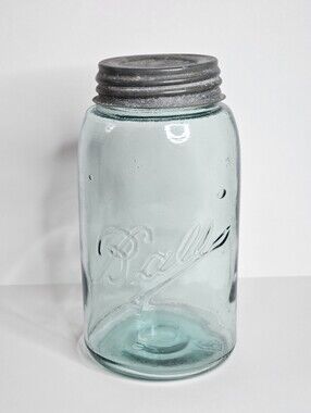 Antique 1900s Ball Triple L Blue Aqua Glass 1 Quart Fruit Jar w/Zinc Lid Cap #4